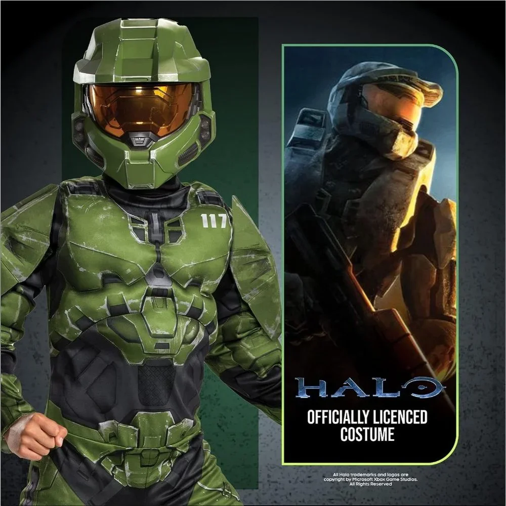 NWT Halo Infinite Master Chief Padded Muscle Light Up Mask & Video Game Jumpsuit